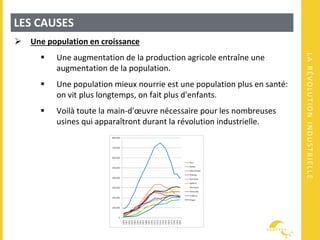 LARÉVOLUTIONINDUSTRIELLE
LES CAUSES
 Une population en croissance
 Une augmentation de la production agricole entraîne une
augmentation de la population.
 Une population mieux nourrie est une population plus en santé:
on vit plus longtemps, on fait plus d'enfants.
 Voilà toute la main-d'œuvre nécessaire pour les nombreuses
usines qui apparaîtront durant la révolution industrielle.
 