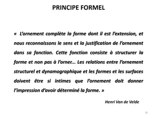 20
« L’ornement complète la forme dont il est l’extension, et
nous reconnaissons le sens et la justification de l’ornement
dans sa fonction. Cette fonction consiste à structurer la
forme et non pas à l’orner... Les relations entre l’ornement
structurel et dynamographique et les formes et les surfaces
doivent être si intimes que l’ornement doit donner
l’impression d’avoir déterminé la forme. »
Henri Van de Velde
PRINCIPE FORMEL
 