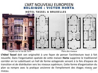 22
L’ART NOUVEAU EUROPEEN
B ELGIQUE : V IC TOR HORTA
HOT E L TA SSE L A BRUXE LLES
Façade sur la rue de Turin Plans des niveaux
L’hôtel Tassel doit son originalité à une façon de penser l’architecture tout à fait
nouvelle. Dans l’organisation spatiale de cette maison Horta supprime le traditionnel
corridor en lui substituant un hall de forme octogonale servant à la fois d’espace de
transition et de distribution vers les niveaux supérieurs. Cette forme d’organisation du
plan va rompre avec la pratique ancienne de l’empilement des étages niveau par
niveau.
 