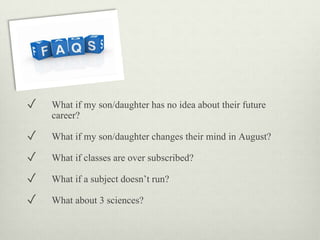 ✓ What if my son/daughter has no idea about their future
career?
✓ What if my son/daughter changes their mind in August?
✓ What if classes are over subscribed?
✓ What if a subject doesn’t run?
✓ What about 3 sciences?
 