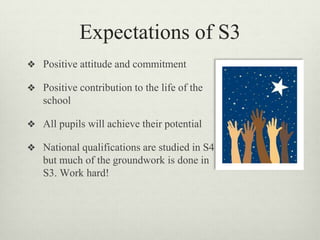 Expectations of S3
❖ Positive attitude and commitment
❖ Positive contribution to the life of the
school
❖ All pupils will achieve their potential
❖ National qualifications are studied in S4
but much of the groundwork is done in
S3. Work hard!
 