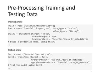 Pre-Processing	Training	and	
Testing	Data
Training	phase	
Testing	phase
11
Train = read ("/user/ml/trainset.csv");
Spec = read("/user/ml/tf.spec.json“, data_type = "scalar",
value_type = "String");
trainD = transform (target = Train,
transformSpec = Spec,
transformPath = "/user/ml/train_tf_metadata");
# Build a predictive model using trainD
...
Test = read ("/user/ml/testset.csv");
testD = transform (target = Test,
transformPath = "/user/ml/test_tf_metadata",
applyTransformPath = "/user/ml/train_tf_metdata");
# Test the model using testD
...
 