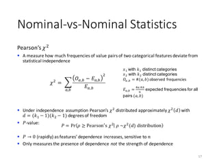 Nominal-vs-Nominal	Statistics
Pearson’s	𝜒)
§ A	measure	how	much	frequencies	of	value	pairs	of	two	categorical	features	deviate	from	
statistical	independence
§ Under	independence	assumption Pearson’s	𝜒)
distributed	approximately	𝜒)
𝑑 with
𝑑 = (𝑘0 − 1)(𝑘) − 1) degrees	of	freedom
§ 𝑃-value:
§ 𝑃 → 0 (rapidly)	as	features’	dependence	increases,	sensitive	to	𝑛
§ Only	measures	the	presence	of	dependence	not the	strength	of	dependence
17
𝜒)
=	 K
𝑂M,N − 𝐸M,N
)
𝐸M,NM,N
𝑥0 with 𝑘0 distinct categories
𝑥) with 𝑘) distinct categories
𝑂M ,N = #(𝑎, 𝑏) observed	frequencies
𝐸M,N =
#M	#N
C
expected frequencies for all
pairs (𝑎, 𝑏)
𝑃 = Pr 𝜌 ≥ Pearson[
s	𝜒)
	𝜌	~𝜒)
(𝑑)	distribution
 