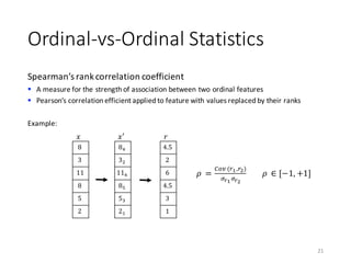 Ordinal-vs-Ordinal	Statistics
Spearman’s	rank	correlation	coefficient
§ A	measure	for	the	strength	of	association	between	two	ordinal	features
§ Pearson’s	correlation	efficient	applied	to	feature	with	values	replaced	by	their	ranks
Example:
21
8x
3)
11z
8{
5|
20
𝑥′
8
3
11
8
5
2
𝑥
4.5
2
6
4.5
3
1
𝑟
𝜌	 =
123	(•6,•7)
	9‚69‚7
𝜌	 ∈ [−1, +1]
 
