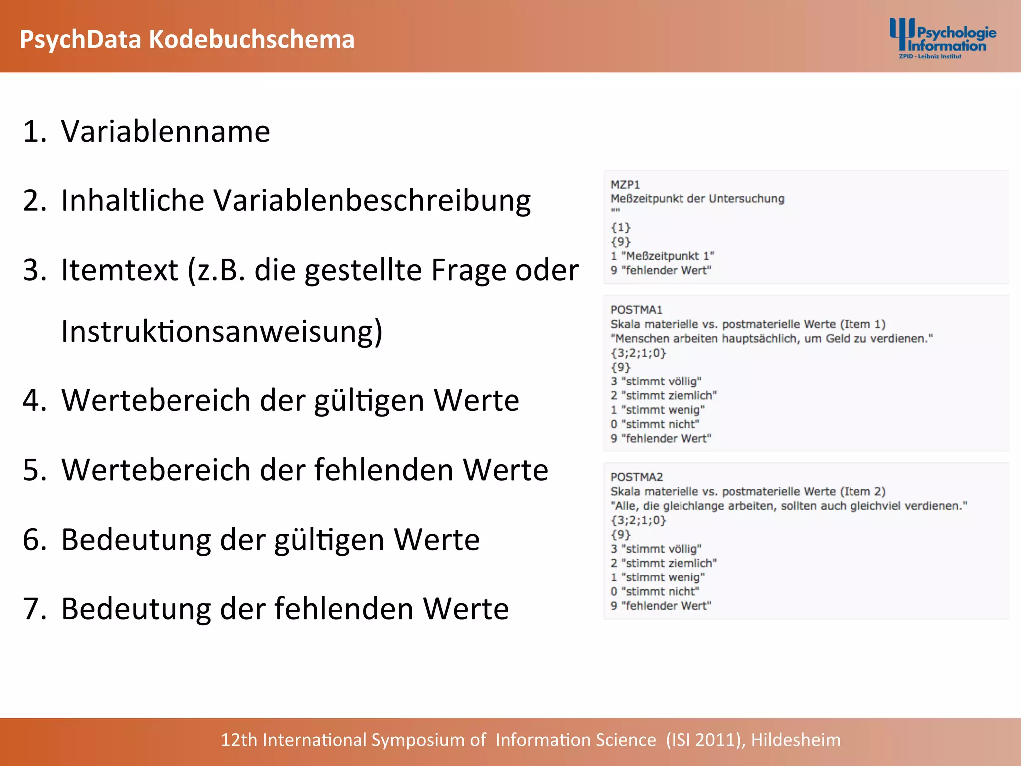 PsychData	
  Kodebuchschema	
  


1.  Variablenname	
  

2.  Inhaltliche	
  Variablenbeschreibung	
  	
  

3.  Itemtext	
  (z.B.	
  die	
  gestellte	
  Frage	
  oder	
  
    Instruk+onsanweisung)	
  

4.  Wertebereich	
  der	
  gül+gen	
  Werte	
  

5.  Wertebereich	
  der	
  fehlenden	
  Werte	
  

6.  Bedeutung	
  der	
  gül+gen	
  Werte	
  	
  

7.  Bedeutung	
  der	
  fehlenden	
  Werte	
  	
  


                     12th	
  Interna+onal	
  Symposium	
  of	
  	
  Informa+on	
  Science	
  	
  (ISI	
  2011),	
  Hildesheim	
  
 