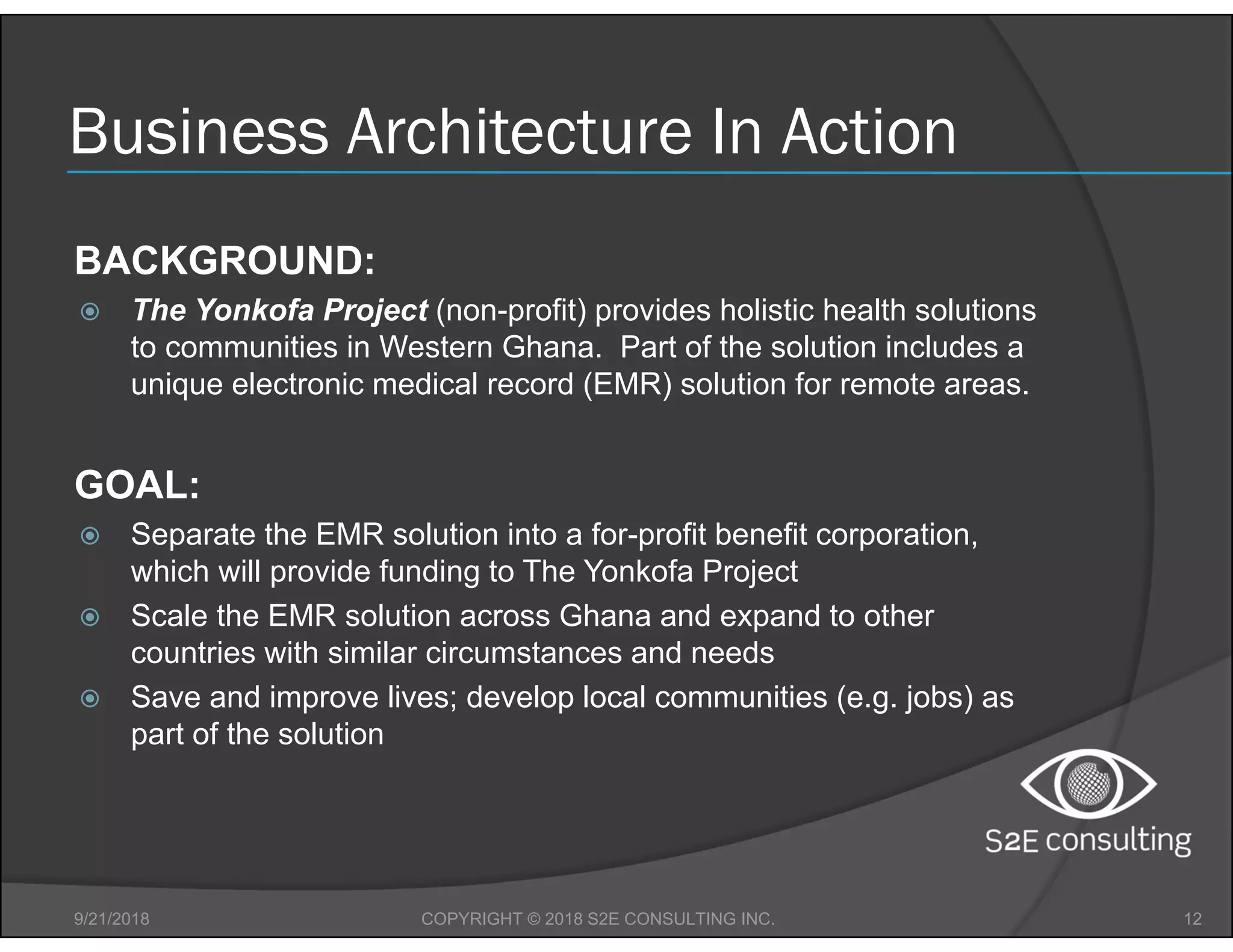 Business Architecture In Action
9/21/2018 12COPYRIGHT © 2018 S2E CONSULTING INC.
BACKGROUND:
 The Yonkofa Project (non-profit) provides holistic health solutions
to communities in Western Ghana. Part of the solution includes a
unique electronic medical record (EMR) solution for remote areas.
GOAL:
 Separate the EMR solution into a for-profit benefit corporation,
which will provide funding to The Yonkofa Project
 Scale the EMR solution across Ghana and expand to other
countries with similar circumstances and needs
 Save and improve lives; develop local communities (e.g. jobs) as
part of the solution
 