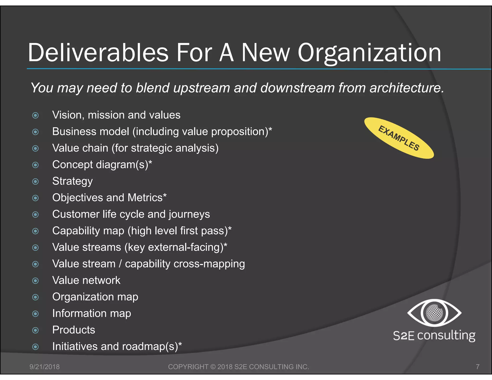Deliverables For A New Organization
 Vision, mission and values
 Business model (including value proposition)*
 Value chain (for strategic analysis)
 Concept diagram(s)*
 Strategy
 Objectives and Metrics*
 Customer life cycle and journeys
 Capability map (high level first pass)*
 Value streams (key external-facing)*
 Value stream / capability cross-mapping
 Value network
 Organization map
 Information map
 Products
 Initiatives and roadmap(s)*
9/21/2018 7COPYRIGHT © 2018 S2E CONSULTING INC.
You may need to blend upstream and downstream from architecture.
 