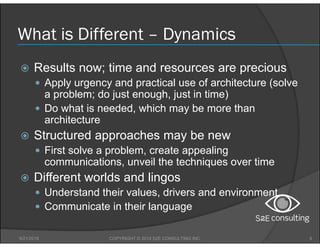What is Different – Dynamics
 Results now; time and resources are precious
 Apply urgency and practical use of architect...