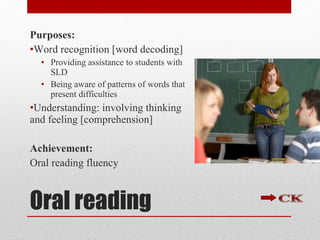 Oral reading Purposes: Word recognition [word decoding] Providing assistance to students with SLD Being aware of patterns of words that present difficulties Understanding: involving thinking and feeling [comprehension] Achievement: Oral reading fluency 