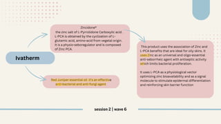 Ivatherm
Zincidone®
the zinc salt of L-Pyrrolidone Carboxylic acid .
L-PCA is obtained by the cyclization of L-
glutamic acid, amino-acid from vegetal origin.
It is a physio-seboregulator and is composed
of Zinc PCA.
This product uses the association of Zinc and
L-PCA benefits that are ideal for oily skins. It
uses Zinc as an universal and oligo-essential
anti-seborrheic agent with antiseptic activity
which limits bacterial proliferation.
It uses L-PCA as a physiological vector
optimizing zinc bioavailability and as a signal
molecule to stimulate epidermal differentiation
and reinforcing skin barrier function
Red Juniper essential oil it’s an effective
anti-bacterial and anti-fungi agent
session 2 | wave 6
 