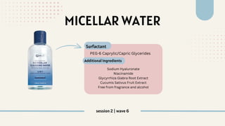 MICELLAR WATER
Sodium Hyaluronate
Niacinamide
Glycyrrhiza Glabra Root Extract
Cucumis Sativus Fruit Extract
Free from fragrance and alcohol
PEG-6 Caprylic/Capric Glycerides
Surfactant
Additional Ingredients
session 2 | wave 6
 