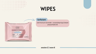 WIPES
cetrimonium bromide - cocamidopropyl betain
polysorbate 20
Surfactant
session 2 | wave 6
 