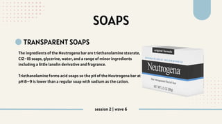SOAPS
TRANSPARENT SOAPS
The ingredients of the Neutrogena bar are triethanolamine stearate,
C12–18 soaps, glycerine, water, and a range of minor ingredients
including a little lanolin derivative and fragrance.
Triethanolamine forms acid soaps so the pH of the Neutrogena bar at
pH 8–9 is lower than a regular soap with sodium as the cation.
session 2 | wave 6
 