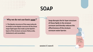SOAP
1- The bipolar structure of the soap molecule
is similar to the bipolar structure of the three
major lipid types that make up the lipid bi‐
layers of the stratum corneum (fatty acids,
cholesterol, and ceramides).
Why we do not use basic soap ? Soap disrupts the bi‐layer structure
of these lipids in the stratum
corneum and thereby reduces the
effectiveness of the stratum
corneum water barrier.
-
session 2 | wave 6
 