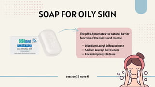 SOAP FOR OILY SKIN
The pH 5.5 promotes the natural barrier
function of the skin's acid mantle
Disodium Lauryl Sulfosuccinate
Sodium Lauroyl Sarcosinate
Cocamidopropyl Betaine
session 2 | wave 6
 
