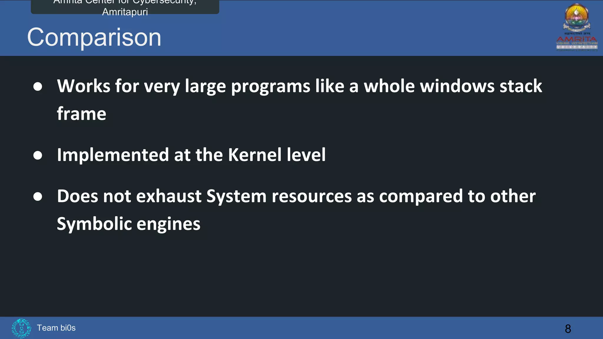Team bi0s
Amrita Center for Cybersecurity,
Amritapuri
Comparison
● Works for very large programs like a whole windows stack
frame
● Implemented at the Kernel level
● Does not exhaust System resources as compared to other
Symbolic engines
8
 