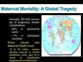 Maternal Mortality: A Global Tragedy
• Annually, 287,000 women
die of pregnancy related
complications
• 99% in developing
world
• ~1% in developed
countries
Every minute one
Maternal Death occur
• 10 to 20 million women
develop physical or mental
disabilities every year as a
result of complicated
pregnancies and deliveries.
 