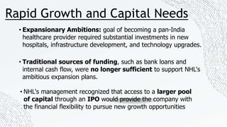 Rapid Growth and Capital Needs
• Traditional sources of funding, such as bank loans and
internal cash flow, were no longer sufficient to support NHL's
ambitious expansion plans.
• NHL's management recognized that access to a larger pool
of capital through an IPO would provide the company with
the financial flexibility to pursue new growth opportunities
• Expansionary Ambitions: goal of becoming a pan-India
healthcare provider required substantial investments in new
hospitals, infrastructure development, and technology upgrades.
 