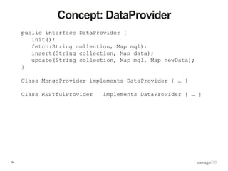 54
Concept: DataProvider
public interface DataProvider {
init();
fetch(String collection, Map mql);
insert(String collection, Map data);
update(String collection, Map mql, Map newData);
}
Class MongoProvider implements DataProvider { … }
Class RESTfulProvider implements DataProvider { … }
 