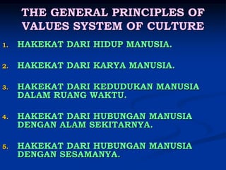THE GENERAL PRINCIPLES OF
VALUES SYSTEM OF CULTURE
1. HAKEKAT DARI HIDUP MANUSIA.
2. HAKEKAT DARI KARYA MANUSIA.
3. HAKEKAT DARI KEDUDUKAN MANUSIA
DALAM RUANG WAKTU.
4. HAKEKAT DARI HUBUNGAN MANUSIA
DENGAN ALAM SEKITARNYA.
5. HAKEKAT DARI HUBUNGAN MANUSIA
DENGAN SESAMANYA.
 