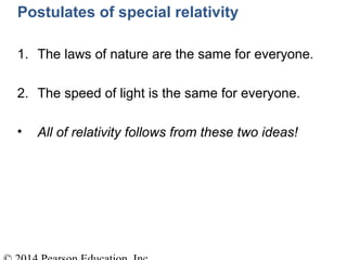 Postulates of special relativity
1. The laws of nature are the same for everyone.
2. The speed of light is the same for everyone.
• All of relativity follows from these two ideas!
 
