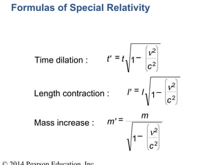 t' = t 1–
ν2
c2
Length contraction : l' = l
Mass increase : m' =
m
1–
Formulas of Special Relativity
Time dilation :
1–
ν2
c2
ν2
c2
 