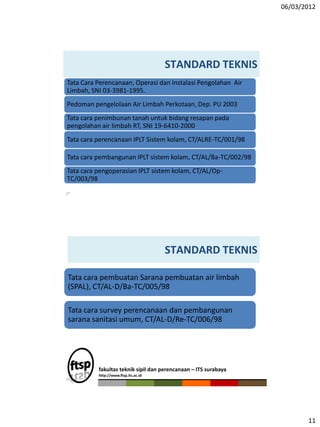 06/03/2012
11
STANDARD TEKNIS
21
Tata Cara Perencanaan, Operasi dan Instalasi Pengolahan Air
Limbah, SNI 03-3981-1995.
Pedoman pengelolaan Air Limbah Perkotaan, Dep. PU 2003
Tata cara penimbunan tanah untuk bidang resapan pada
pengolahan air limbah RT, SNI 19-6410-2000
Tata cara perencanaan IPLT Sistem kolam, CT/ALRE-TC/001/98
Tata cara pembangunan IPLT sistem kolam, CT/AL/Ba-TC/002/98
Tata cara pengoperasian IPLT sistem kolam, CT/AL/Op-
TC/003/98
STANDARD TEKNIS
22
Tata cara pembuatan Sarana pembuatan air limbah
(SPAL), CT/AL-D/Ba-TC/005/98
Tata cara survey perencanaan dan pembangunan
sarana sanitasi umum, CT/AL-D/Re-TC/006/98
fakultas teknik sipil dan perencanaan – ITS surabaya
http://www.ftsp.its.ac.id
 