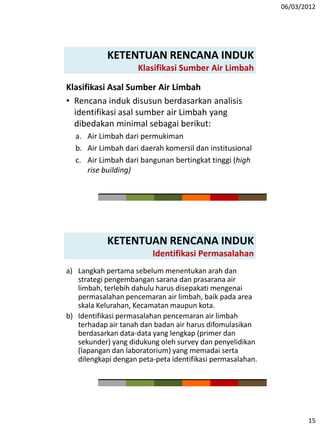 06/03/2012
15
KETENTUAN RENCANA INDUK
Klasifikasi Sumber Air Limbah
Klasifikasi Asal Sumber Air Limbah
• Rencana induk disusun berdasarkan analisis
identifikasi asal sumber air Limbah yang
dibedakan minimal sebagai berikut:
a. Air Limbah dari permukiman
b. Air Limbah dari daerah komersil dan institusional
c. Air Limbah dari bangunan bertingkat tinggi (high
rise building)
KETENTUAN RENCANA INDUK
Identifikasi Permasalahan
a) Langkah pertama sebelum menentukan arah dan
strategi pengembangan sarana dan prasarana air
limbah, terlebih dahulu harus disepakati mengenai
permasalahan pencemaran air limbah, baik pada area
skala Kelurahan, Kecamatan maupun kota.
b) Identifikasi permasalahan pencemaran air limbah
terhadap air tanah dan badan air harus difomulasikan
berdasarkan data-data yang lengkap (primer dan
sekunder) yang didukung oleh survey dan penyelidikan
(lapangan dan laboratorium) yang memadai serta
dilengkapi dengan peta-peta identifikasi permasalahan.
 