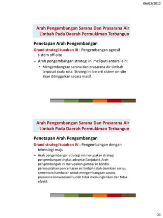06/03/2012
21
Penetapan Arah Pengembangan
Grand strategi kuadran III : Pengembangan agresif
sistem off-site
– Arah pengembangan strategi ini meliputi antara lain:
• Mengembangkan sarana dan prasarana Air Limbah
terpusat skala kota. Strategi ini berarti sistem on-site
akan ditinggalkan secara masif.
Arah Pengembangan Sarana Dan Prasarana Air
Limbah Pada Daerah Permukiman Terbangun
Penetapan Arah Pengembangan
Grand strategi kuadran IV : Pengembangan dengan
teknologi maju
– Arah pengembangan strategi ini merupakan strategi
pengembangan tingkat advance (lanjutan). Arah
pengembangan ini merupakan gambaran kondisi
permasalahan pencemaran air limbah telah demikian serius,
sementara hambatan untuk mengembangkan sarana
prasarana konvensionil sudah tidak memungkinkan dan tidak
efektif.
Arah Pengembangan Sarana Dan Prasarana Air
Limbah Pada Daerah Permukiman Terbangun
 