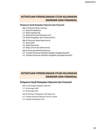 06/03/2012
58
Pelaporan Studi Kelayakan Ekonomi dan Finansial
Bab II Perkiraan Biaya Investasi
2.1 Biaya Pembebasan
2.2 Biaya Engineering
2.3 Biaya Konstruksi Pekerjaan Civil
2.4 Biaya Pengadaan dan Instalasi M & E
Bab III Perkiraan Biaya Operasional
3.1 Biaya O/M
3.2 Biaya Depresiasi
3.3 Biaya Umum dan Administrasi
Bab IV Perkiraan Manfaat Ekonomi
4.1 Proyeksi Perkiraan Manfaat Tangible (Tangible Benefit)
4.2 Proyeksi Perkiraan Manfaat Intangible (Intangible Benefit)
KETENTUAN PERENCANAAN STUDI KELAYAKAN
EKONOMI DAN FINANSIAL
Pelaporan Studi Kelayakan Ekonomi dan Finansial
Bab V Perhitungan Kelayakan Ekonomi
5.1 Perhitungan EIRR
5.2 Perhitungan NPV
Bab VI Perkiraan Pendapatan Tarif (Revenue)
6.1 Proyeksi Perkiraan Besaran Tarif Air Limbah
6.2 Proyeksi Pendapatan Tarif
KETENTUAN PERENCANAAN STUDI KELAYAKAN
EKONOMI DAN FINANSIAL
 