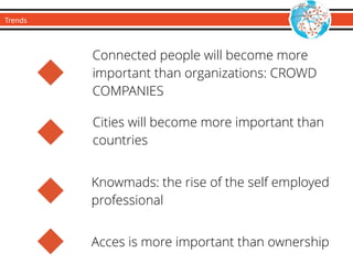 Trends
Cities will become more important than
countries
Connected people will become more
important than organizations: CROWD
COMPANIES
Knowmads: the rise of the self employed
professional
Acces is more important than ownership
 