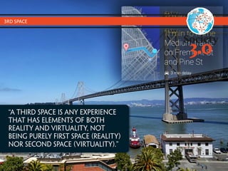 “A third space is any experience
that has elements of both
Reality and Virtuality, not
being purely first space (Reality)
nor second space (Virtuality).”
3RD	
  SPACE
 