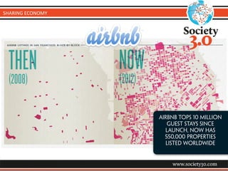 Airbnb Tops 10 Million
Guest Stays Since
Launch, Now Has
550,000 Properties
Listed Worldwide
SHARING	
  ECONOMY
 