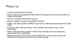 Phase 1a
• Timing is what guides this phase
• Goal: to deliver a standard for 3DoF 360 VR in the given timeframe (end 2017 or
maybe early 2018)
• Aim for a complete distribution system
• Based on OMAF activity; using OMAF timelines;
• Audio: a 3D Audio profile of MPEG-H geared to a 360 Audiovisual experience with
3 DoF,
• Transport: Basic 360 streaming, and if possible optimizations (e.g., Tiled
Streaming)
• Video: Adequate tiling support in HEVC (may already exist) and projection,
monoscopic and stereoscopic
• MPEG should be careful not to call this MPEG VR, as the quality that can be
delivered in the given timeframe may not be enough.
 