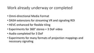 Work already underway or completed
• Omni-directional Media Format
• DASH extensions for streaming VR and signaling ROI
• HEVC enhanced for flexible tiling
• Experiments for 360° stereo + 3 DoF video
• Audio completed for 3 DoF
• Experiments for many formats of projection mappings and
necessary signaling
44
 