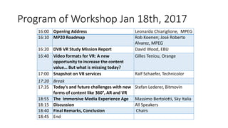 Program of Workshop Jan 18th, 2017
16:00 Opening Address Leonardo Chiariglione, MPEG
16:10 MP20 Roadmap Rob Koenen; José Roberto
Alvarez, MPEG
16:20 DVB VR Study Mission Report David Wood, EBU
16:40 Video formats for VR: A new
opportunity to increase the content
value… But what is missing today?
Gilles Teniou, Orange
17:00 Snapshot on VR services Ralf Schaefer, Technicolor
17:20 Break
17:35 Today's and future challenges with new
forms of content like 360°, AR and VR
Stefan Lederer, Bitmovin
18:55 The Immersive Media Experience Age Massimo Bertolotti, Sky Italia
18:15 Discussion All Speakers
18:40 Final Remarks, Conclusion Chairs
18:45 End
 