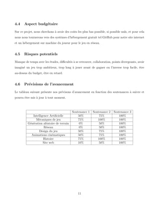 4.4 Aspect budgétaire
Sur ce projet, nous cherchons à avoir des coûts les plus bas possible, si possible nuls, et pour cela
nous nous tournerons vers des systèmes d’hébergement gratuit tel GitHub pour notre site internet
et un hébergement sur machine du joueur pour le jeu en réseau.
4.5 Risques potentiels
Manque de temps avec les études, difficultés à se retrouver, collaboration, points divergeants, avoir
imaginé un jeu trop ambitieux, trop long à jouer avant de gagner ou l’inverse trop facile, être
au-dessus du budget, être en retard.
4.6 Prévisions de l’avancement
Le tableau suivant présente nos prévisons d’avancement en fonction des soutenances à suivre et
pourra être mis à jour à tout moment.
Soutenance 1 Soutenance 2 Soutenance 3
Intelligence Artificielle 50% 75% 100%
Mécaniques de jeu 75% 100% 100%
Génération aléatoire de terrain 0% 50% 100%
Réseau 0% 50% 100%
Design du jeu 50% 75% 100%
Animations cinématiques 50% 75% 100%
Histoire 75% 100% 100%
Site web 10% 50% 100%
11
 