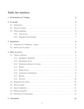 Table des matières
1 Présentation de l’équipe 3
2 Le projet 5
2.1 Inspirations . . . . . . . . . . . . . . . . . . . . . . . . . . . . . . . . . . . . . . . . 5
2.2 Nature du projet . . . . . . . . . . . . . . . . . . . . . . . . . . . . . . . . . . . . . 5
2.3 Charte graphique . . . . . . . . . . . . . . . . . . . . . . . . . . . . . . . . . . . . . 6
2.3.1 Logo du jeu . . . . . . . . . . . . . . . . . . . . . . . . . . . . . . . . . . . . 6
2.3.2 Esquisses du personnage . . . . . . . . . . . . . . . . . . . . . . . . . . . . . 7
3 Expérience 8
3.1 Expérience de l’utilisateur / joueur . . . . . . . . . . . . . . . . . . . . . . . . . . . 8
3.2 Intérêt pour le groupe . . . . . . . . . . . . . . . . . . . . . . . . . . . . . . . . . . 8
4 Mise en œuvre 9
4.1 Tâches à effectuer . . . . . . . . . . . . . . . . . . . . . . . . . . . . . . . . . . . . . 9
4.1.1 Intelligence Artificielle . . . . . . . . . . . . . . . . . . . . . . . . . . . . . . 9
4.1.2 Mécaniques de jeu . . . . . . . . . . . . . . . . . . . . . . . . . . . . . . . . 9
4.1.3 Génération aléatoire de terrain . . . . . . . . . . . . . . . . . . . . . . . . . 9
4.1.4 Réseau . . . . . . . . . . . . . . . . . . . . . . . . . . . . . . . . . . . . . . . 9
4.1.5 Design du jeu . . . . . . . . . . . . . . . . . . . . . . . . . . . . . . . . . . . 9
4.1.6 Animations cinématiques . . . . . . . . . . . . . . . . . . . . . . . . . . . . . 9
4.1.7 Histoire . . . . . . . . . . . . . . . . . . . . . . . . . . . . . . . . . . . . . . 9
4.1.8 Site web . . . . . . . . . . . . . . . . . . . . . . . . . . . . . . . . . . . . . . 10
4.2 Répartition des tâches . . . . . . . . . . . . . . . . . . . . . . . . . . . . . . . . . . 10
4.3 Moyens utilisés . . . . . . . . . . . . . . . . . . . . . . . . . . . . . . . . . . . . . . 10
4.4 Aspect budgétaire . . . . . . . . . . . . . . . . . . . . . . . . . . . . . . . . . . . . . 11
4.5 Risques potentiels . . . . . . . . . . . . . . . . . . . . . . . . . . . . . . . . . . . . . 11
4.6 Prévisions de l’avancement . . . . . . . . . . . . . . . . . . . . . . . . . . . . . . . . 11
5 Conclusion 12
2
 