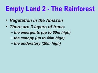 Vegetation in the Amazon There are 3 layers of trees: the emergents (up to 60m high) the canopy (up to 40m high) the understory (20m high) Empty Land 2 - The Rainforest 