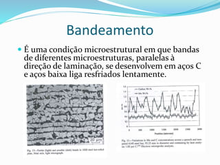 Bandeamento
 É uma condição microestrutural em que bandas
de diferentes microestruturas, paralelas à
direção de laminação, se desenvolvem em aços C
e aços baixa liga resfriados lentamente.
 