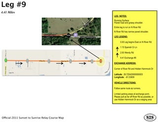 Leg #9
4.41 Miles
                                                   LEG NOTES:
                                                   Running Surface:
                                                   Paved road and grassy shoulder.
                                                   Entire leg is run on N River Rd
                                                   N River Rd has narrow paved shoulder.

                                                   LEG LEGEND:

                                                          0.00 Leg begins East on N River Rd

                                                          1.15 Spanish Cr Ln

                                                          2.93 Wendy Rd

                                                          4.41 Exchange #9

                                                   EXCHANGE ADDRESS:

                                                   Corner of River Rd and Hidden Hammock Dr

                                                   Latitude: 26.725420000000003
                                                   Longitude: -81.53609

                                                   VEHICLE DIRECTIONS:

                                                   Follow same route as runners.

                                                   Limited parking areas at exchange point.
                                                   Please pull as far off River Rd as possible, or
                                                   use Hidden Hammock Dr as a staging area




Official 2011 Sunset to Sunrise Relay Course Map
 