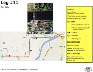 Leg #11
5.25 Miles
                                                   LEG NOTES:
                                                   Running Surface:
                                                   Paved road and grassy shoulder.
                                                   N River Rd has narrow to no shoulder
                                                   Expect more traffic closer to Labelle

                                                   LEG LEGEND:

                                                          0.00 Leg begins East on N River Rd

                                                      1.24 N River Rd (Connect back with N
                                                   …………….River Rd Co RD 78)

                                                          4.82 Hwy 29

                                                          5.05 Park Ave

                                                          5.25 Exchange #11

                                                   EXCHANGE ADDRESS:

                                                   Barron Park in Labelle

                                                   Latitude: 26.76870781314131
                                                   Longitude: -81.43683314323425

                                                   VEHICLE DIRECTIONS:

                                                   Follow same route as runners.
                                                   Ample parking at exchange point.
                                                   Great rest area




Official 2011 Sunset to Sunrise Relay Course Map
 