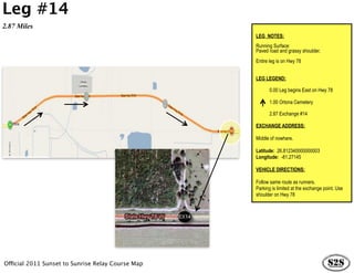 Leg #14
2.87 Miles
                                                   LEG NOTES:
                                                   Running Surface:
                                                   Paved road and grassy shoulder.
                                                   Entire leg is on Hwy 78


                                                   LEG LEGEND:

                                                         0.00 Leg begins East on Hwy 78

                                                         1.00 Ortona Cemetery

                                                         2.87 Exchange #14

                                                   EXCHANGE ADDRESS:

                                                   Middle of nowhere.

                                                   Latitude: 26.812340000000003
                                                   Longitude: -81.27145

                                                   VEHICLE DIRECTIONS:

                                                   Follow same route as runners.
                                                   Parking is limited at the exchange point. Use
                                                   shoulder on Hwy 78




Official 2011 Sunset to Sunrise Relay Course Map
 
