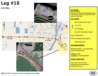 Leg #18
3.86 Miles
                                                          LEG NOTES:
                                                          Running Surface:
                                                          Paved roads, begin Lake Okeechobee Scenic
                                                          Trail Running paved and unpaved trail. Some
                                                          uneven footing areas
                                                   EX18
                                                          LEG LEGEND:

                                                                0.00 Leg begins SE on Hwy 27

                                                                1.21 10th St

                                                                2.13 The Bridge

                                                                2.13 LOST Trail Exit from Hwy 27

                                                                3.06 Daniels Rd

                                                                3.16 Herbert Hoover Dike Rd

                                                                3.86 Exchange #18

                                                          EXCHANGE ADDRESS:

                                                          Moorehaven Marina – Lake Okeechobee
                                                          Scenic Trail access point

                                                          Latitude: 26.838
                                                          Longitude: -81.08139000000001

                                                          VEHICLE DIRECTIONS:

                                                          Follow same route as runners.
                                                          Ample parking at exchange point
                                                          Excellent area to rest



Official 2011 Sunset to Sunrise Relay Course Map
 