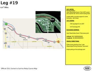 Leg #19
6.47 Miles
                                                          LEG NOTES:
                                                          Running Surface:
                                                          Lake Okeechobee Scenic Trail (LOST) paved
                                                          and unpaved trail. Some uneven footing areas

                                                          Limited ability to provide support to runner
                                                          during leg – plan ahead.
                                                   EX19
                                                          LEG LEGEND:

                                                                 0.00 Leg begins E on LOST

                                                                 6.47 Exchange #19

                                                          EXCHANGE ADDRESS:

                                                          Lake Okeechobee Scenic Trail access point

                                                          Latitude: 26.811980000000002
                                                          Longitude: -80.98503000000001

                                                          VEHICLE DIRECTIONS:

                                                          Follow driving directions from “Lake
                                                          Okeechobee Driving Directions” document

                                                          Ample parking at the exchange point




Official 2011 Sunset to Sunrise Relay Course Map
 