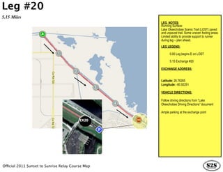 Leg #20
5.15 Miles
                                                   LEG NOTES:
                                                   Running Surface:
                                                   Lake Okeechobee Scenic Trail (LOST) paved
                                                   and unpaved trail. Some uneven footing areas
                                                   Limited ability to provide support to runner
                                                   during leg – plan ahead.
                                                   LEG LEGEND:

                                                         0.00 Leg begins E on LOST

                                                         5.15 Exchange #20

                                                   EXCHANGE ADDRESS:


                                                   Latitude: 26.76265
                                                   Longitude: -80.92291

                                                   VEHICLE DIRECTIONS:

                                                   Follow driving directions from “Lake
                                                   Okeechobee Driving Directions” document

                                                   Ample parking at the exchange point

                                          EX20




Official 2011 Sunset to Sunrise Relay Course Map
 