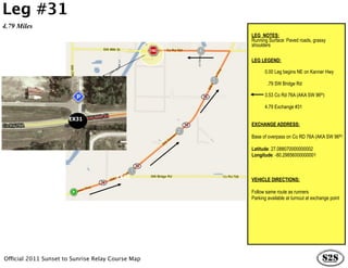 Leg #31
4.79 Miles
                                                   LEG NOTES:
                                                   Running Surface: Paved roads, grassy
                                                   shoulders

                                                   LEG LEGEND:

                                                         0.00 Leg begins NE on Kanner Hwy

                                                           .79 SW Bridge Rd

                                                         3.53 Co Rd 76A (AKA SW 96th)

                                                         4.79 Exchange #31

                      EX31
                                                   EXCHANGE ADDRESS:

                                                   Base of overpass on Co RD 76A (AKA SW 96th)

                                                   Latitude: 27.088070000000002
                                                   Longitude: -80.29856000000001



                                       EX16        VEHICLE DIRECTIONS:

                                                   Follow same route as runners
                                                   Parking available at turnout at exchange point




Official 2011 Sunset to Sunrise Relay Course Map
 