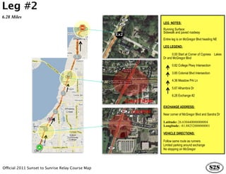 Leg #2
6.28 Miles
                                                   LEG NOTES:
                                                   Running Surface:
                                                   Sidewalk and paved roadway

                                                   Entire leg is on McGregor Blvd heading NE

                                                   LEG LEGEND:

                                                         0.00 Start at Corner of Cypress Lakes
                                                   Dr and McGregor Blvd

                                                         0.82 College Pkwy Intersection

                                                         3.85 Colonial Blvd Intersection

                                                         4.36 Meadow Prk Ln

                                                         5.67 Alhambra Dr

                                                         6.28 Exchange #2


                                                   EXCHANGE ADDRESS:

                                                   Near corner of McGregor Blvd and Sandra Dr

                                                   Latitude: 26.630440000000004
                                                   Longitude: -81.88252000000001

                                                   VEHICLE DIRECTIONS:

                                                   Follow same route as runners
                                                   Limited parking around exchange
                                                   No stopping on McGregor




Official 2011 Sunset to Sunrise Relay Course Map
 