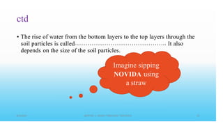 ctd
• The rise of water from the bottom layers to the top layers through the
soil particles is called It also
depends on the size of the soil particles.
Imagine sipping
NOVIDA using
a straw
•
•
 
