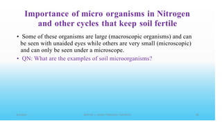 Importance of micro organisms in Nitrogen
and other cycles that keep soil fertile
• Some of these organisms are large (macroscopic organisms) and can
be seen with unaided eyes while others are very small (microscopic)
and can only be seen under a microscope.
• QN: What are the examples of soil microorganisms?
 